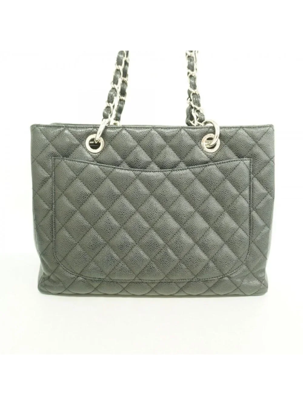 Chanel Chain Tote Quilted Caviar Leather Black Silver